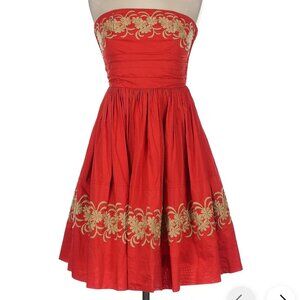 Red Embroidered Strapless Dress - Antropologie - size 0